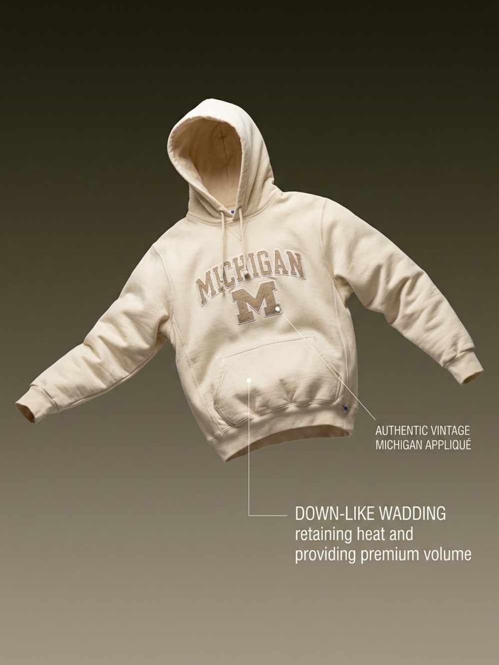 Vintage Russell Athletic Michigan Wolverines Hoodie Cream Oatmeal Embroidered M
